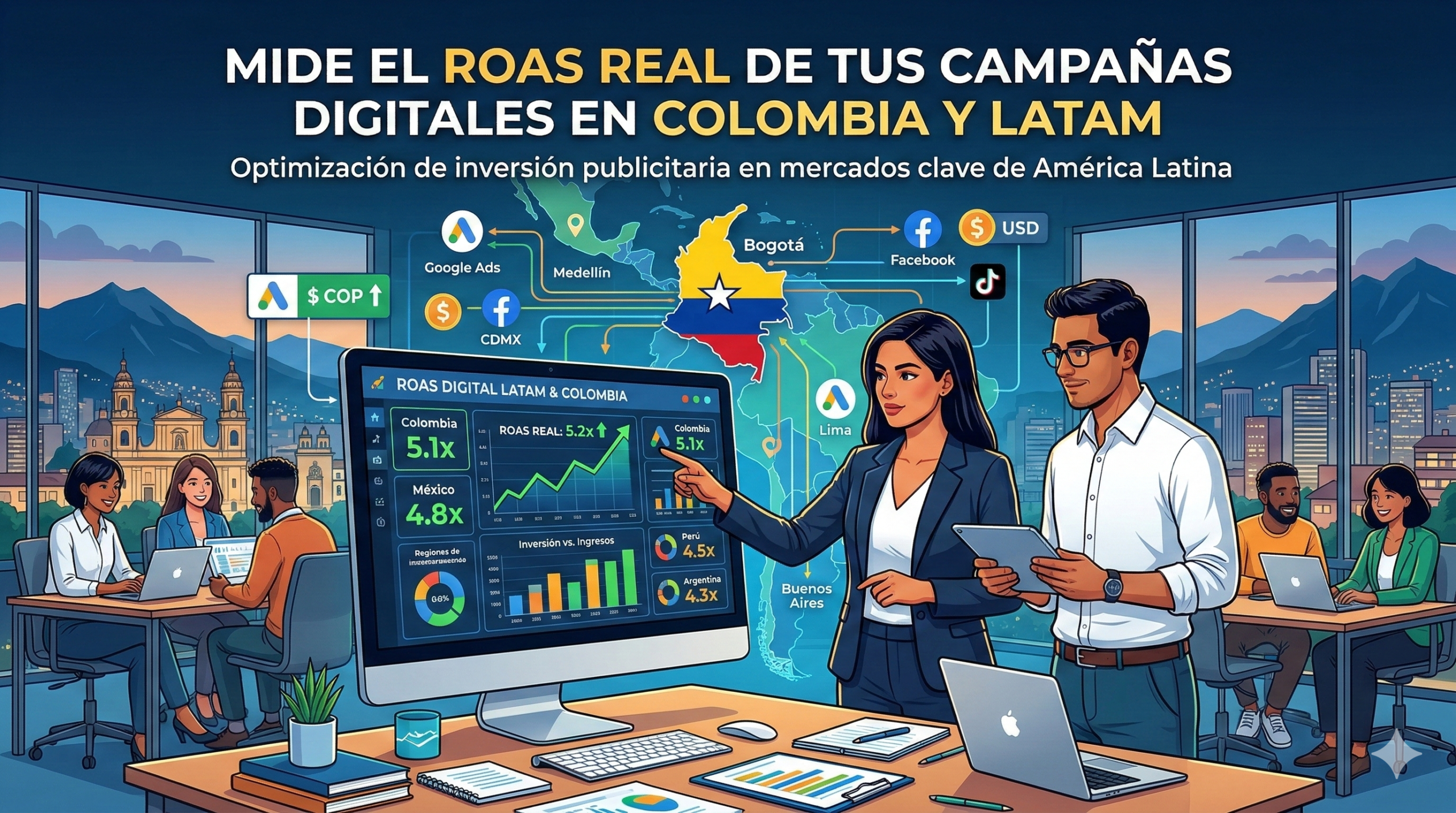 medir ROAS campañas digitales, retorno de la inversión publicitaria, rendimiento de la inversión en anuncios, Data & Analytics, latam, colombia